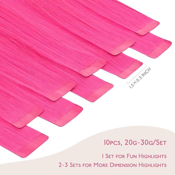 WENNALIFE Tape in Hair Extensions Human Hair Hot Pink Tape in Extensions, 10pcs 30g 24 inch Remy Invisible Tape Ins Straight Colored Soft Real Human Hair Tape in Extensions Refill Set Extensions