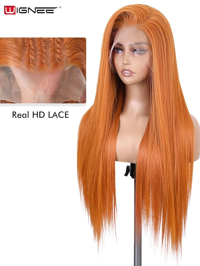 WIGNEE 13x6 Synthetic Lace Front Wig Pre-Plucked Synthetic Glueless Straight Wig 28" Voluminous Ginger Lace Front Wigs with Kanekalon Futura Hair