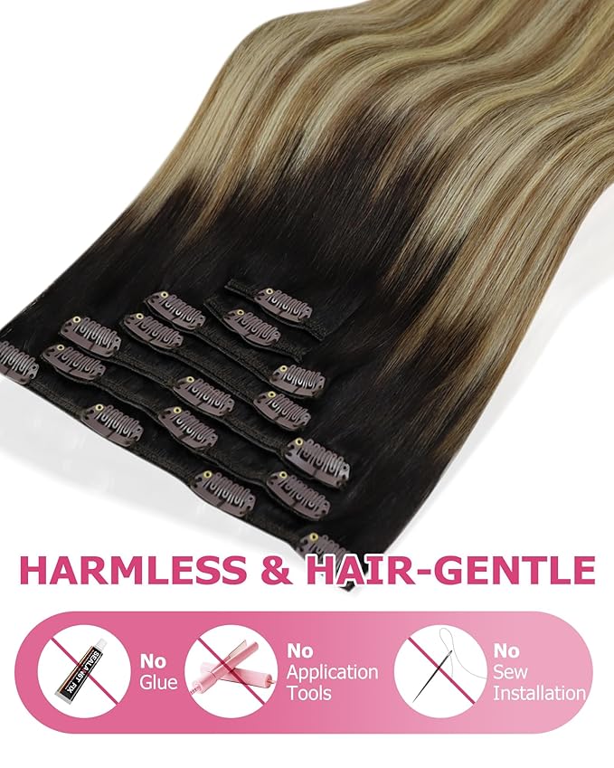 YoungSee Brown Ombre Hair Extensions Clip ins Balayage Human Hair Clip in Extensions Dark Brown Roots Medium Brown Mix Blonde Balayage Clips in Human Hair Extensions for Woman 14inch 120g