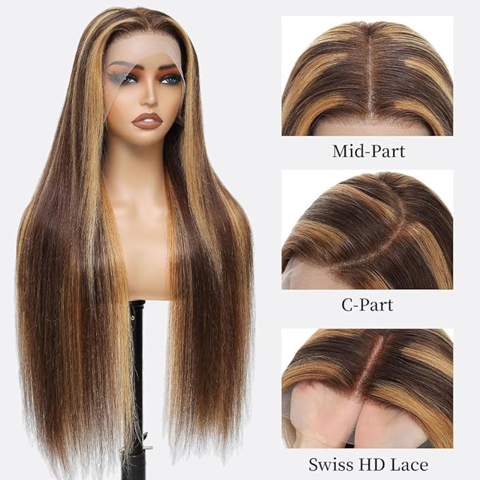 Highlight Ombre Lace Front Wig Human Hair 13X6 Honey Blonde Straight HD Lace Frontal Wig Pre Plucked Tangle-Free 200 Density Brown Wig 4/27 Colored Real Virgin Human Hair 22 Inch