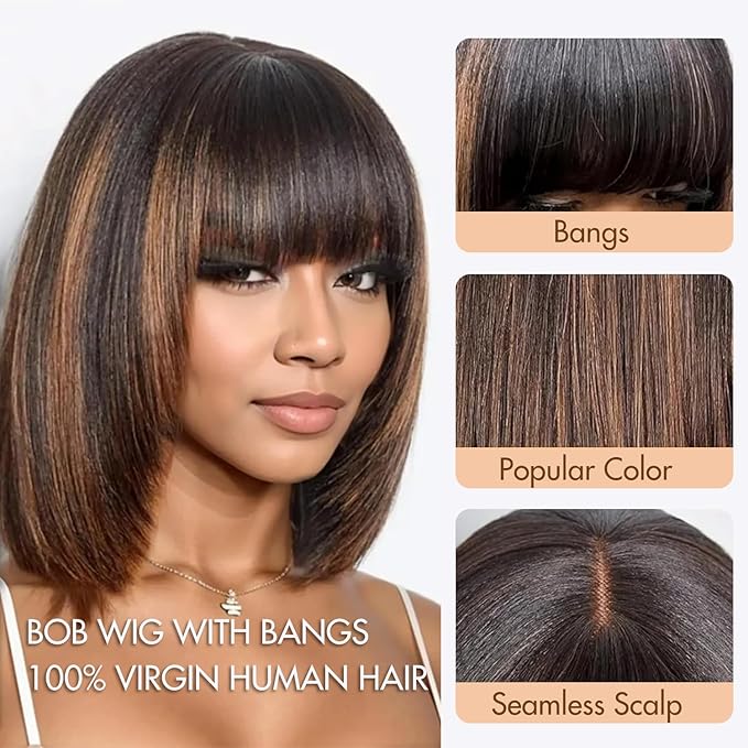 Bob Wig 100% Virgin Human Hair Wigs Glueless 2.5x1 Lace Closed F1B/30 Color Short Bob Human Hair With Bangs Ready To Go Straight bob wig human hair（10 Inch bob wig）