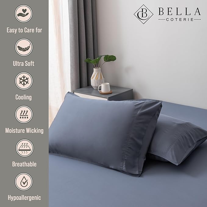 Bella Coterie | Luxury Bamboo Viscose Queen Size Pillowcase Set | 100% Organically Grown | Ultra Soft | Cooling | 2 Pcs [Slate Blue]