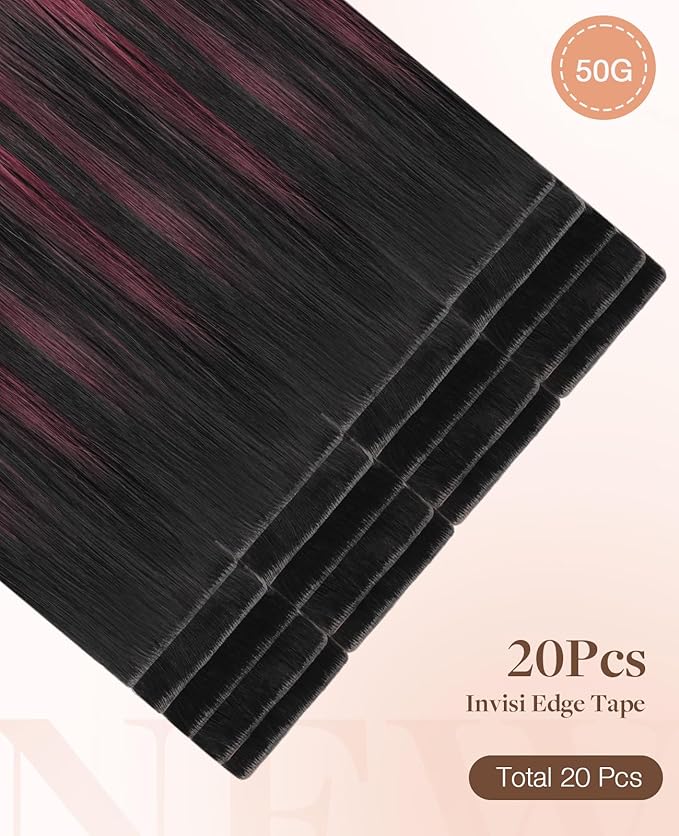 GOO GOO Invisi Edge Tape in Hair Extensions Human Hair, 1/99 Balayage Jet Black to Red, 20pcs 16inch 50g, Virgin Remy Hair, Seamless Injected Tape, Natural Look