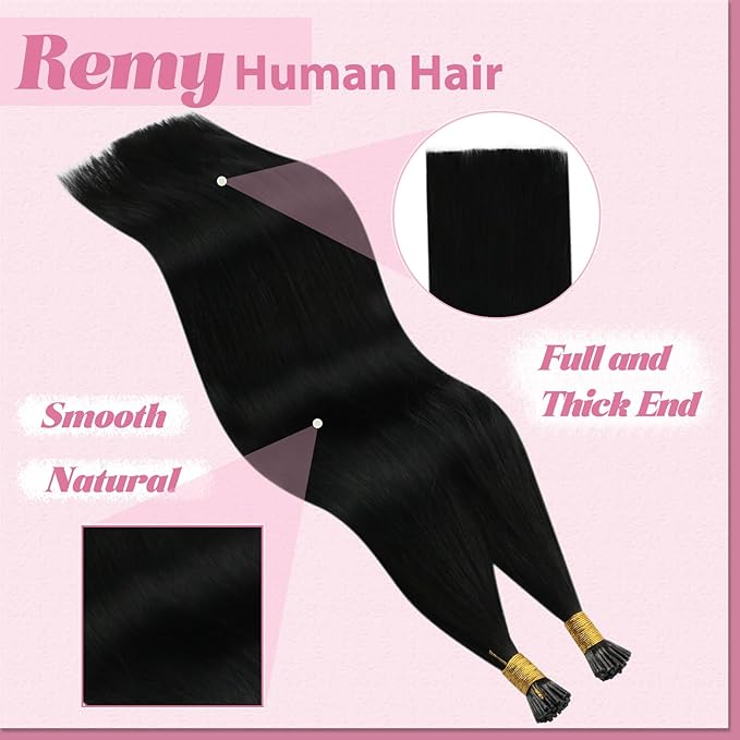 YoungSee I Tip Hair Extensions Black 22In Itip Hair Extensions Real Human Hair Jet Black 50g Hair Extension I Tip Invisible 50s Itips Hair Extension Human Hair for Instant Length