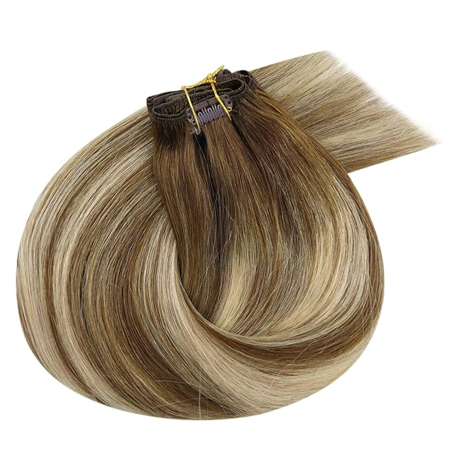 Ve Sunny Balayage Clip in Hair Extensions Real Human Hair Brown Blonde Human Hair Clip in Extensions Balayage Chestnut Brown with Blonde Ombre Clip in Human Hair Extensions 80g 5pcs 12Inch