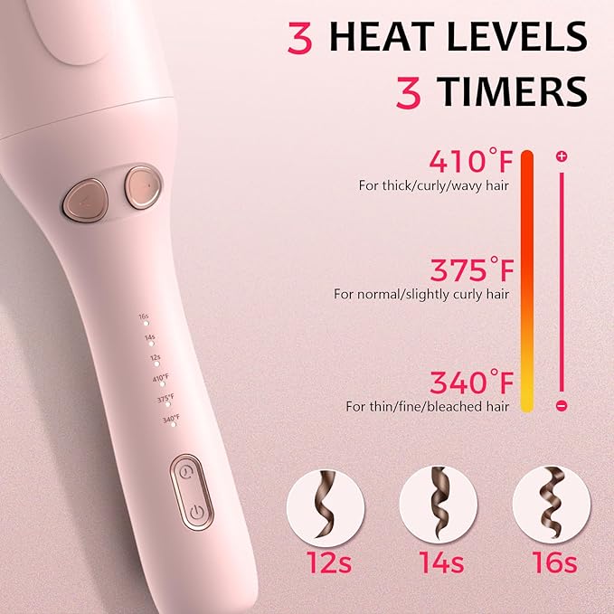 Ufree Automatic Rotating Curling Iron, 1 Inch Ceramic Curling Wand, 1-Click Hair Curler with 3 Heat & Timers, Anti-Scald Design, 1M Ionic Care, Dual Voltage for Travel Beach Waves, Pink