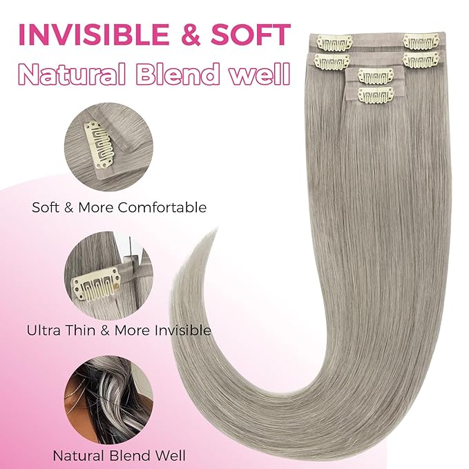 Lashey Seamless Clip in Hair Extensions Human Hair 4pcs 48g Grey Straight Hair Extensions Clip ins for Black Women 20 Inch Long
