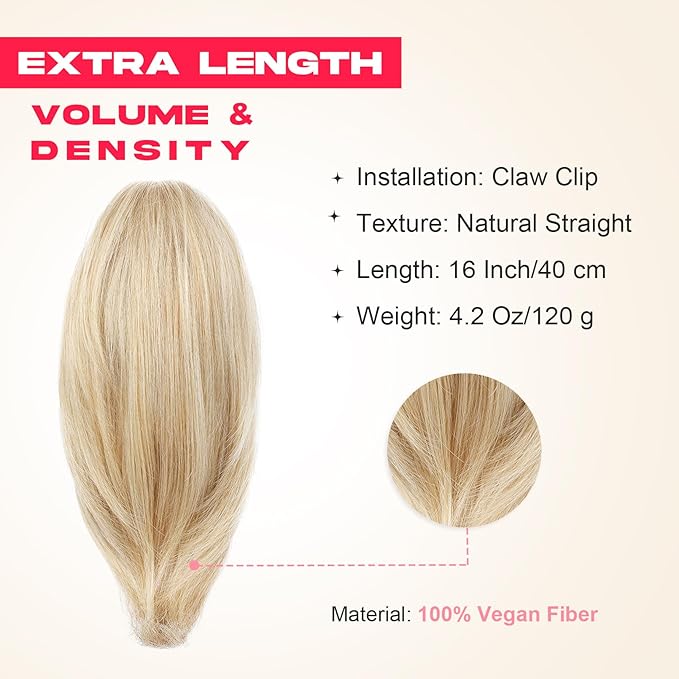 Ponytail Extension – 16” Claw Clip in Ponytail Hair Extensions Natural Soft Synthetic High Pony Tail Hairpieces for Women (Medium Blonde, 16 inch)