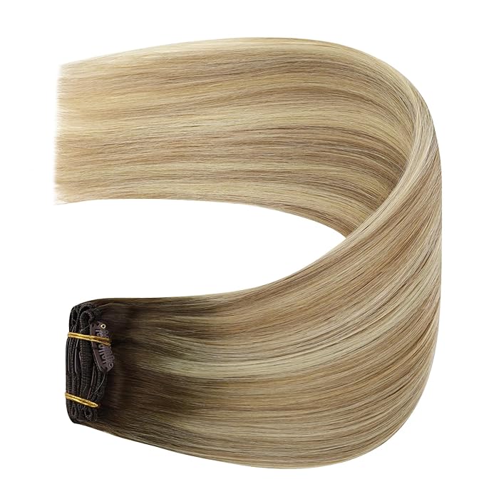 YoungSee Balayage Clip in Hair Extensions Invisible Clip in Hair Extensions Human Hair Walnut Brown Ombre Light Brown with Blonde Clip in Human Hair Extensions for Women 120G 16Inch
