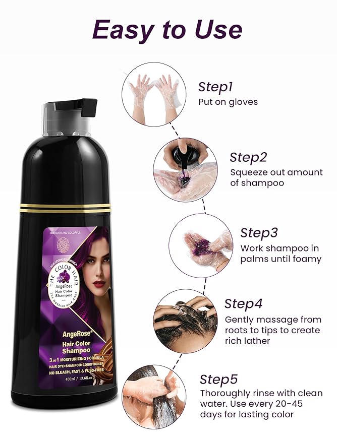 Hair Dye Shampoo 3 in 1, Natural Hair Dye to Cover Gray Hair, 400 ML, Purple