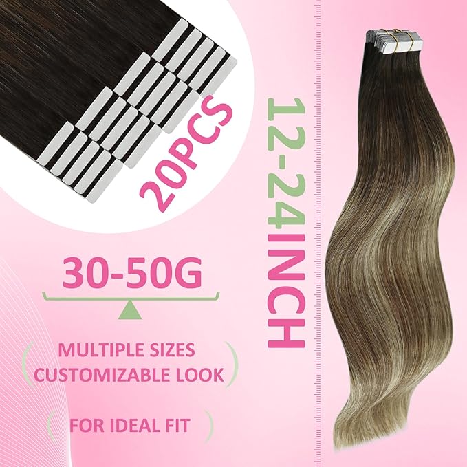YoungSee Invisible Tape in Hair Extensions Balayage Human Hair Tape in Extensions Ombre Seamless Tape-in Extension Real Human Hair Brown Balayage with Blonde Human Hair Extension Tapein 24 Inch 20pcs