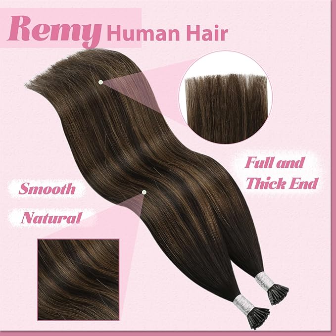 YoungSee Itip Hair Extension Real Human Hair Brown I Tip Extensions Dark Brown Balayage Brown Itip Hair Extension Real Human Hair 14 Inch Ombre Itips Extension Short Hair 50g 80s for Adding Volume