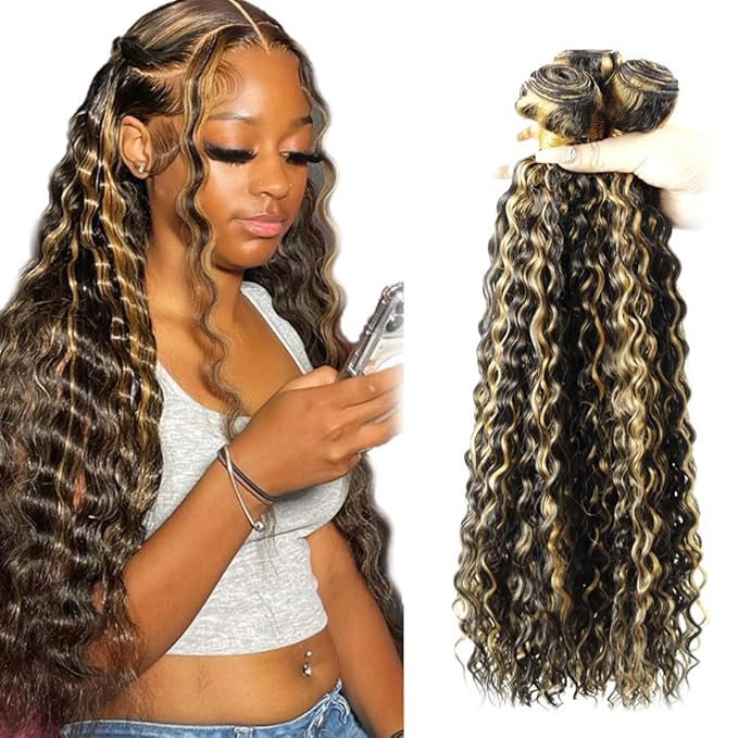Honey Blonde Bundles Human Hair Highlight Deep Wave Bundle Brazilian Virgin Remy Hair 3 Bundles 14 16 18 Inch Niegmeag 2 Tone Black and Blonde Deep Wave Bundle 300g