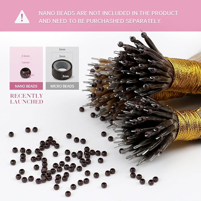 YoungSee Nano Ring Hair Extensions Human Hair Brown Nano Ring Hair Extension Balayage Dark Brown with Blonde Nano-Beads Hair Extension Brown Nano-Tips Remy Hair for Wedding 16inch 1g/s 50g