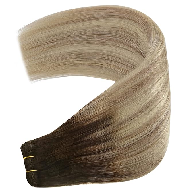 YoungSee Weft Hair Extensions Ombre Sew in Hair Extensions Real Human Hair Brown Ombre Golden Blonde with Platinum Blonde Balayage Weft Hair Extension Human Hair for Women 16Inch 100G