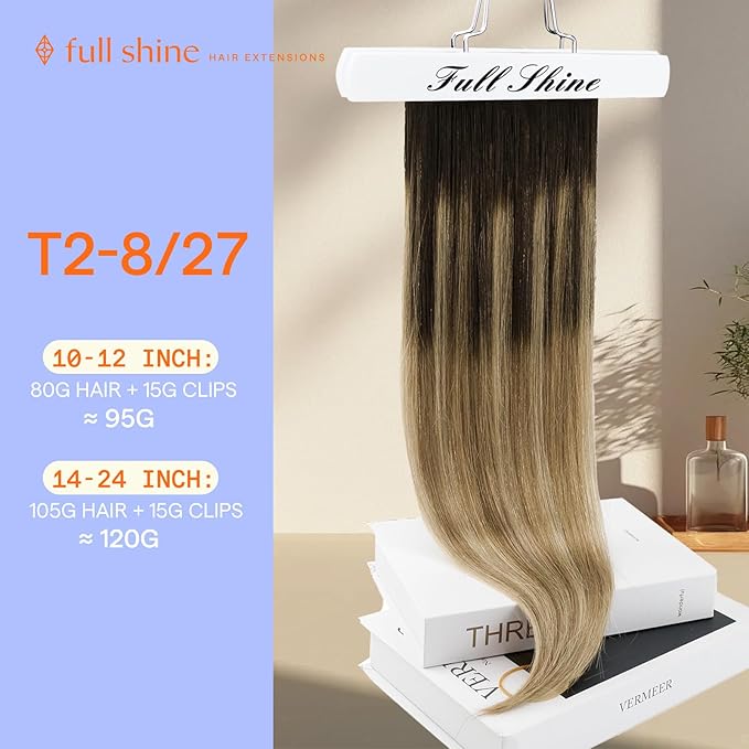 Full Shine Clip in Hair Extensions Human Hair Balayage 24 Inch Ombre Dark Brown to Light Brown Mix Caramel Blonde Long Human Hair Clip in Extensions for Women 7 Pcs 120 G