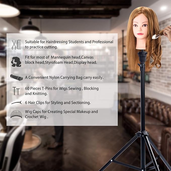 Klvied Reinforced Wig Stand Tripod Mannequin Head Stand, Adjustable Holder for Cosmetology Hairdressing Training with T-with Caps, T-Pins, Comb, Hair Clip, Carrying Bag
