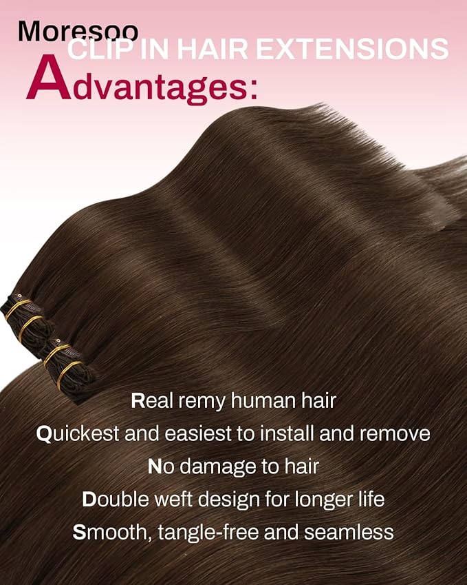 Moresoo Human Hair Clip in Extensions Medium Brown Hair Extensions Clip ins Real Human Hair Brown Long Double Weft for Women Straight 120g/7pcs 16in