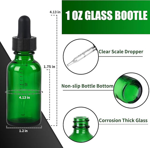 12 Pcs, 1oz Glass Dropper Bottle, Leakproof Tincture Bottles with Dropper, Green Reusable Eye Dropper Bottle for All Kinds of Liquids (Green, 1oz-12pcs)