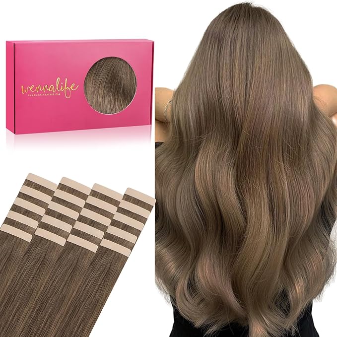 WENNALIFE Tape in Hair Extensions Human Hair, 20pcs 40g 12 inch Light Ash Brown Remy Hair Extensions Straight Human Hair Tape in Extensions Skin Weft Tape Extensions Human Hair