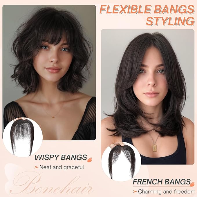 Benehair Clip on Bangs for Women Human Hair, Fake Bangs Clip Human hair, Middle Part Clip in Hair Extensions Hair Pieces with Temples for Daily Wear (Dark Brown)