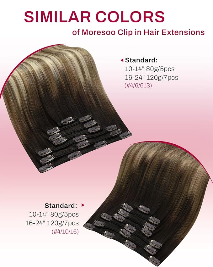 Moresoo Real Hair Extensions Clip in Human Hair Balayage Dark Brown to Medium Brown with Bleach Blonde Ombre Clip on Hair Extensions Human Hair Straight 5 Pieces 80G 14 Inch