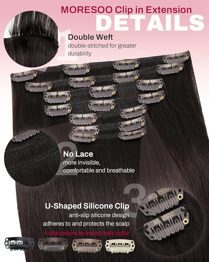 Moresoo Clip in Hair Extensions Remy Double Weft Human Hair Clip in Extensions Straight Hair Extensions for Women Dark Brown #2 7pcs 150g 20inch