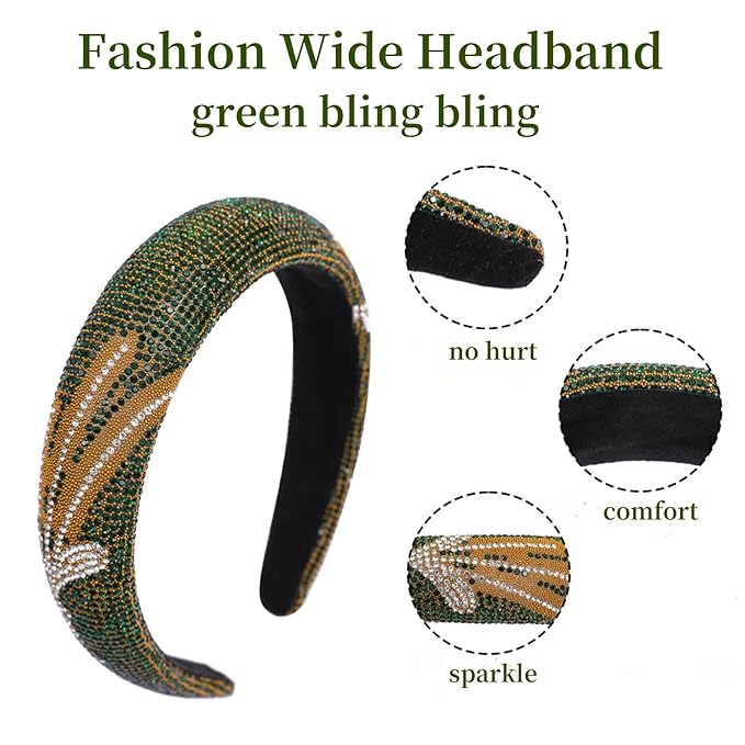 Sparkle Wide Headband for Women Fashion Green Rhinestone Headbands Dressy Glitter Headband Comfortable High Elastic Head Band Hairband Hair Hoop Hair Accessories for Women
