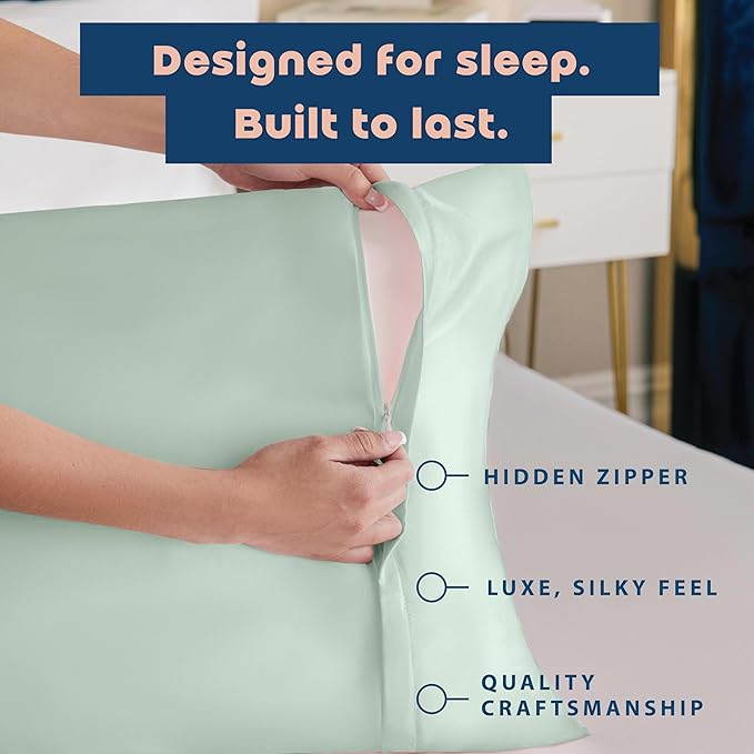 BLISSFORD Satin Pillowcase with Zipper, for Hair and Skin Care, Feels Soft and Cool Like a Silk Pillowcase, Satin Pillow Cases 2 Pack, Slik Pillow Cover, Mint - King Size, Set of 2