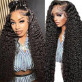 SOSATISFY 32 Inch 13X6 Deep Wave Lace Front Wigs Human Hair 200 Density Glueless Curly Human Wigs for Women 13x6 HD Transparent Lace Frontal Wigs Pre Plucked with Baby Hair Natural Color