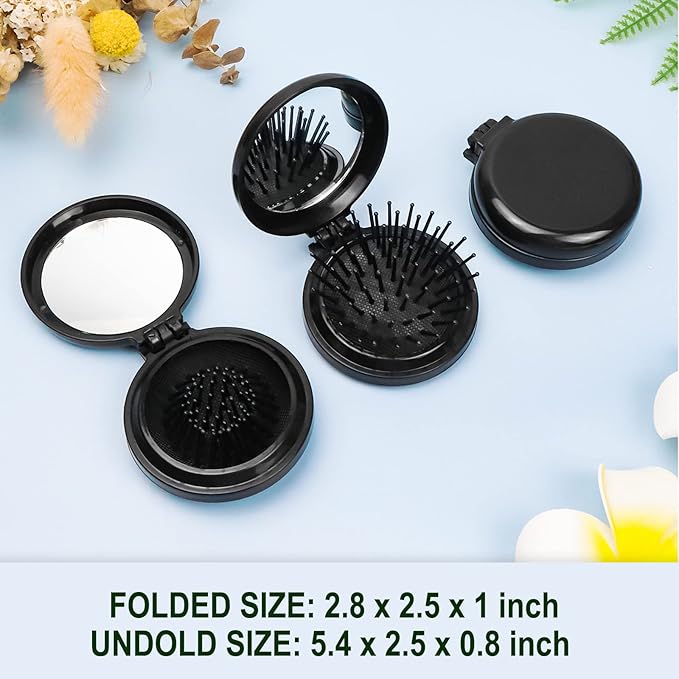 Mini Folding Hair Brush with Mirror - 50 Pack Pocket Travel Brush for Girls, Black
