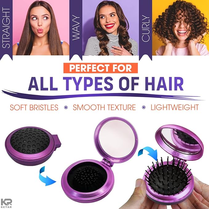 Mini Hair Brush Set of 6 - Foldable Travel Brushes for Hair in Assorted Colors – Lightweight and Portable Travel Brush for Women with Mirror for Quick Touch-Ups