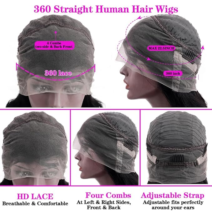 sdamey 360 Lace Front Wigs Human Hair 360 Full Lace Frontal Wigs Pre Plucked with Baby Hair Brazilian Virgin Hair Straight Human Hair 360 HD Lace Front Wigs (28 Inch)