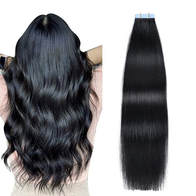SUYYA Tape in Hair Extensions Black 100% Real Human Hair 20pcs 40g/pack Straight Seamless Skin Weft Tape Hair Extensions Jet Black Hair(14 Inch, #1 Jet Black)