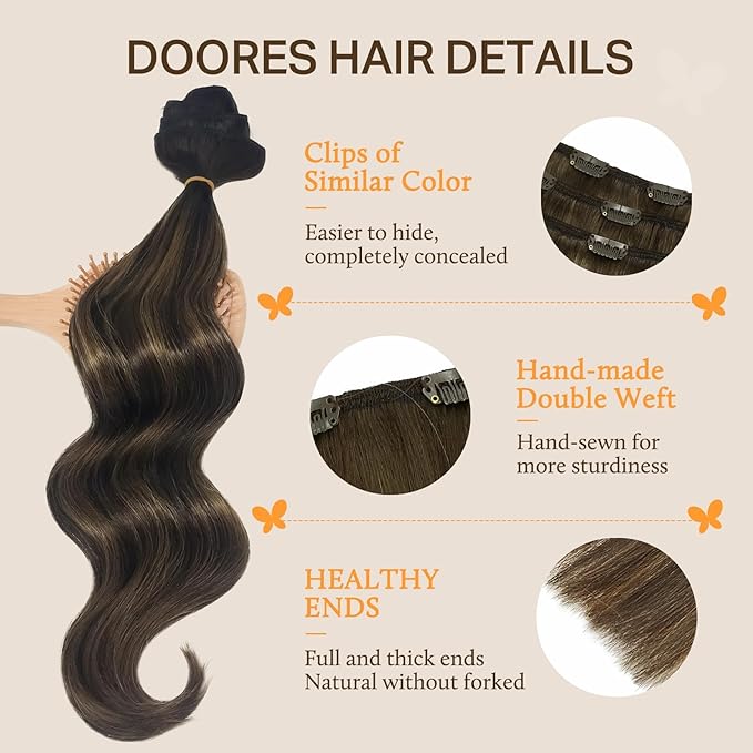 DOORES Clip in Hair Extensions, Balayage Dark Brown to Chestnut Brown 14 Inch 120g 7pcs, Remy Human Hair clip in Extensions Natural Straight