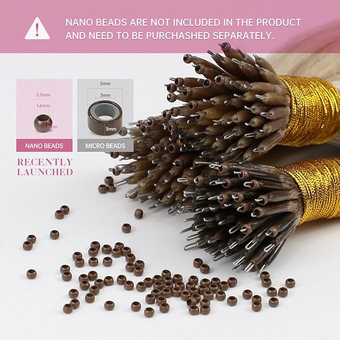 YoungSee Nano Extensions Human Hair Highlight Light Brown and Platinum Blonde Nano Bead Hair Extensions Human Hair Light Brown Nano-Tip Cold Fusion Hair Extension for Daily Use 14inch 50s 50g