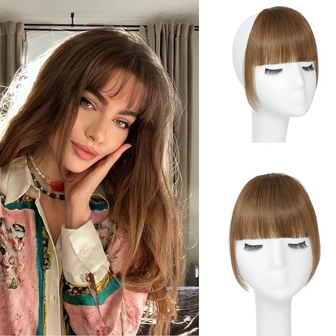 Light Brown Clip In Bangs Real Human Hair French Bangs For Women Clips Thick Bangs Fringe With Temples Hairpieces Curved Bangs For Daily Wear