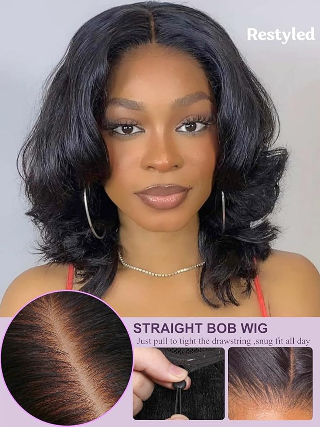 YIROO Bye Bye Knots 7x5 Lace Straight Bob Wig Glueless Human Hair Wig with Elastic Drawstring,Pre Plucked Pre Cut Short Bob Lace Closure Wig Wear and Go Natural Color 150% Density 10Inch