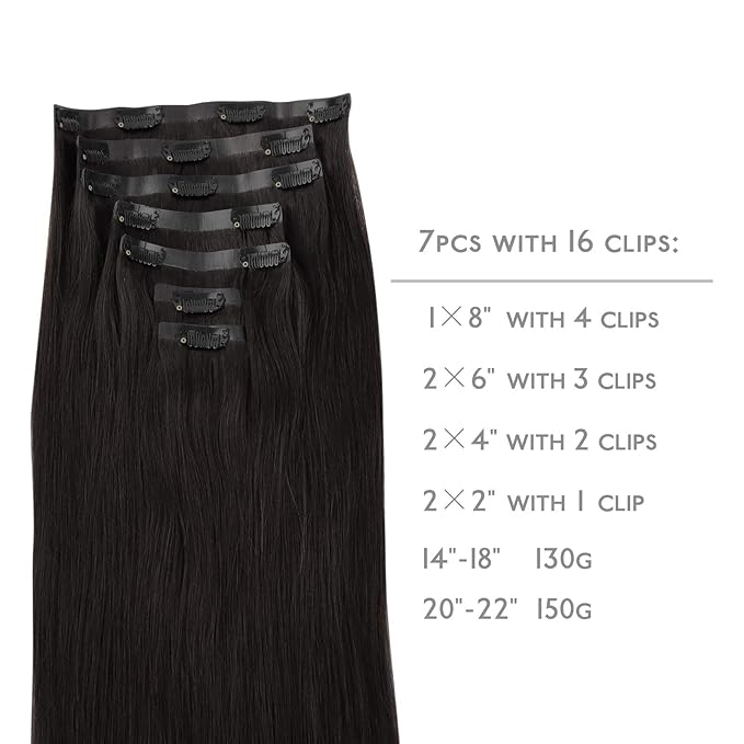 WENNALIFE Seamless Clip In Hair Extensions, 18 Inch 130g 7pcs Natural Black Hair Extensions Clip in Human Hair Invisible PU Skin Weft Natural Remy Human Hair Extensions