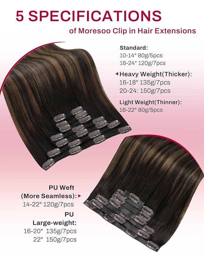 Moresoo Clip in Hair Extensions Human Hair Ombre Dark Brown to Chestnut Brown Real Human Hair Extensions Clip ins 16 inch Double Weft 135g/7pcs