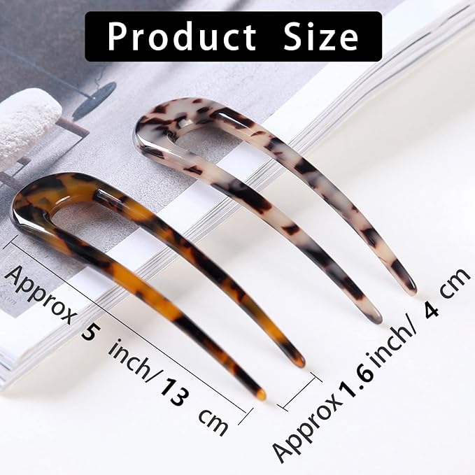 Fsmiling French Hair Pins Tortoise Shell U Shaped 2 Prong Hair Sticks Acetate Chignon Pin for Women Hairstyle Accessories 2 Pack