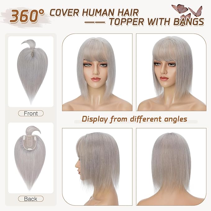 Rich Choices Real Human Hair Toppers for Women With Bang 100% Remy Human Hair Topper for Thinning Hair Clip in Silk Base Hair Topper 10 Inch GREY