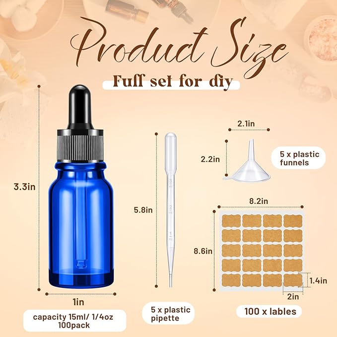Lallisa 100 Pack Essential Oil Dropper Bottle 15 ml (1/2 Oz) Glass Dropper Bottles DIY for DIY Essential Oil Perfume with 5 Funnels 5 Pipettes 3ml 100 Labels for Bathrooms, Hotels, Labs (Blue)
