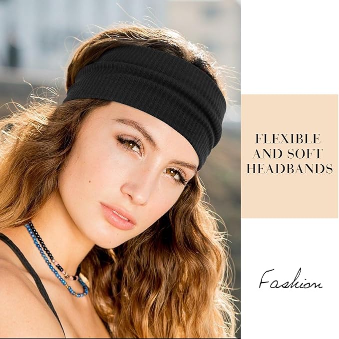 Black Headbands for Women Wide Non Slip Head Bands Soft Elastic Thick Hairbands for Women's Hair Fashion Workout Yoga Hair Accessories, 6 Pack
