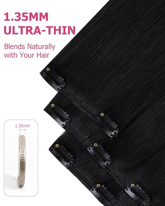 YoungSee Clip in Human Hair Extensions Black Soft and Smooth Clip in Black Hair Extensions Human Hair Invisible Clip on Real Hair Extension for Black Women Full Head 18In 120G 7Pcs