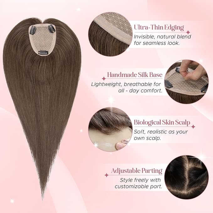 Real Human Hair Toppers for Women 3.54"*4.72" Silky Base 150% Density No Bangs Adjustable Parting Clip-In Topper Hairpieces for Women with Thinning Hair 14 Inches Natural Brown