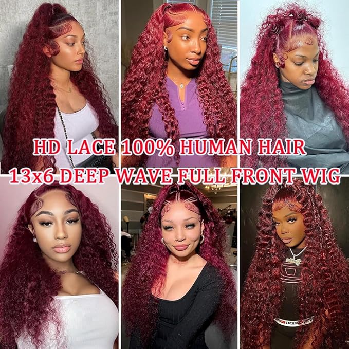 28 Inch Deep Wave Red Lace Front 13x6 Red Curly HD Frontal Burgundy Wig For Women Burgundy Glueless Human Hair Deep Wave 99J Wig Human Hair