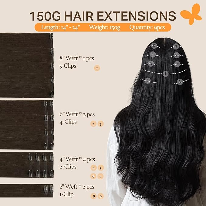DOORES Human Hair Extensions Clip in, Dark Brown 150g 9pcs 16 Inch, Hair Extensions Real Human Hair Clip ins Remy Clip in Hair Extensions Human Hair Natural Straight Thick Hair