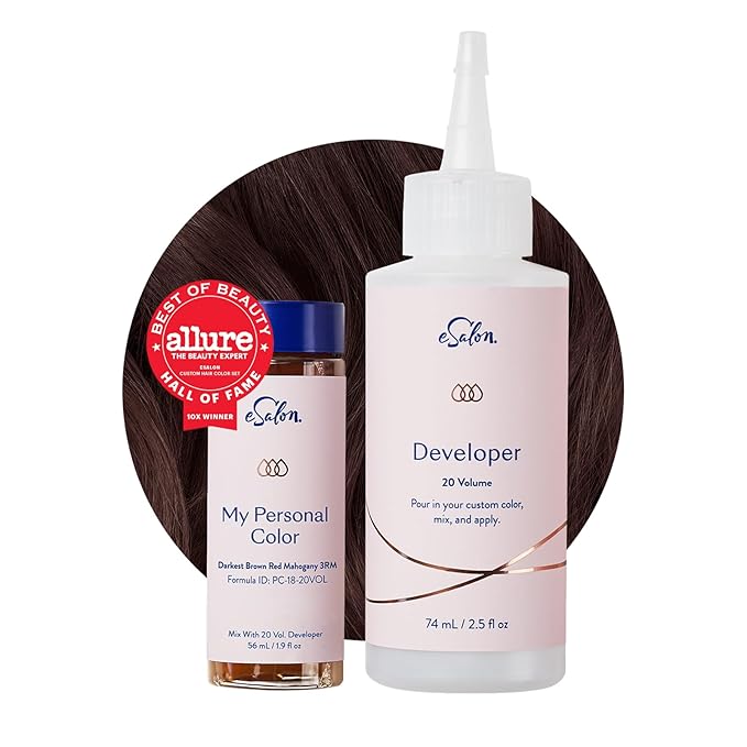 eSalon Permanent Hair Color & Dye Kit - Darkest Brown Red Mahogany - Personal Colorist for Up To 100% Gray Coverage, All Hair Types - Professional-Grade Ammonia-Free