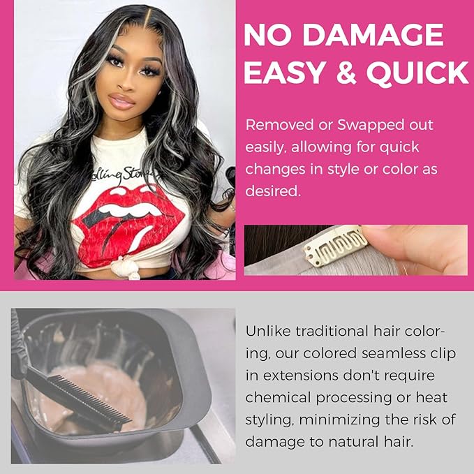 Lashey Seamless Clip in Hair Extensions Human Hair 4pcs 48g Grey Straight Hair Extensions Clip ins for Black Women 20 Inch Long